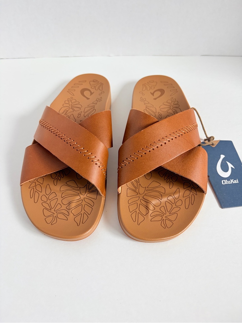 OluKai Kipea Olu Slide Sandals Cross Strap Shoes Cushioned Leather Brown Size 9 - Picture 9 of 15